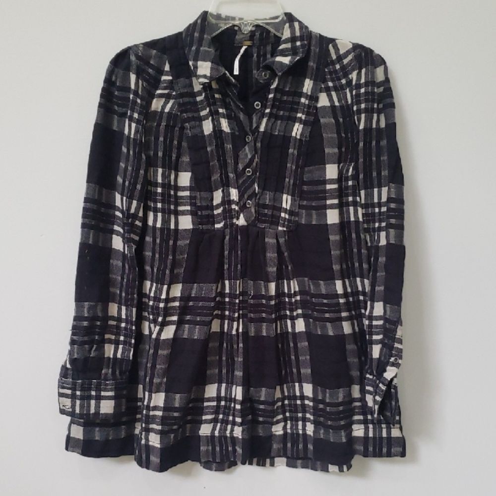 Free People Top Womens XS Black White Plaid Sheer Flannel Tunic Grunge Punk Goth
